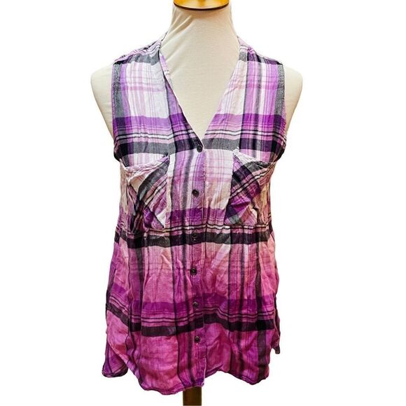Rock & Republic Purple Checkered Split Back Sleeveless Button Front 100% Rayon B - Picture 2 of 14